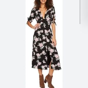 Free People Love Of My Life Black Floral Print Midi Dress Size S